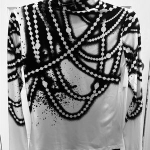 Chic White high neck Women's Long Sleeve Top with black beaded outline on front.